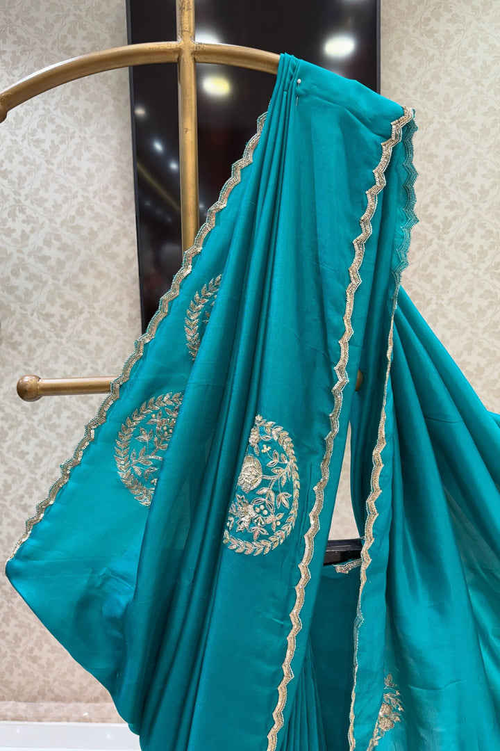 Rama Blue Saree with Sequins, Zari, Pearl and Beads work
