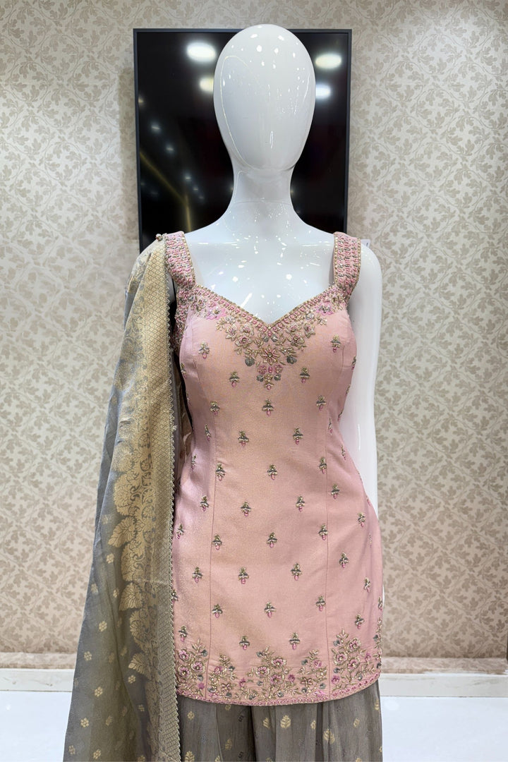 Baby Pink with Grey Mirror, Sequins, Beads, Zari, Stone and Banaras work Palazzo Salwar Suit