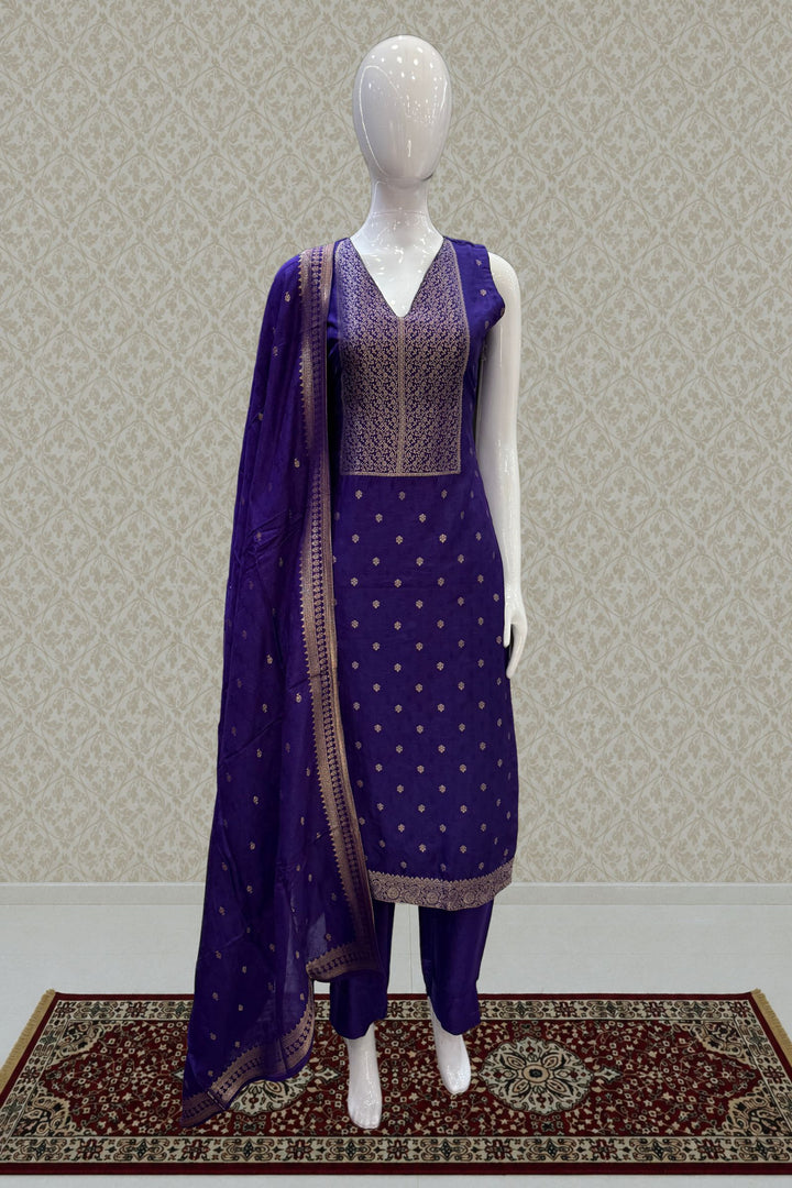 Purple Banaras work V-Neck Straight Cut Salwar Suit