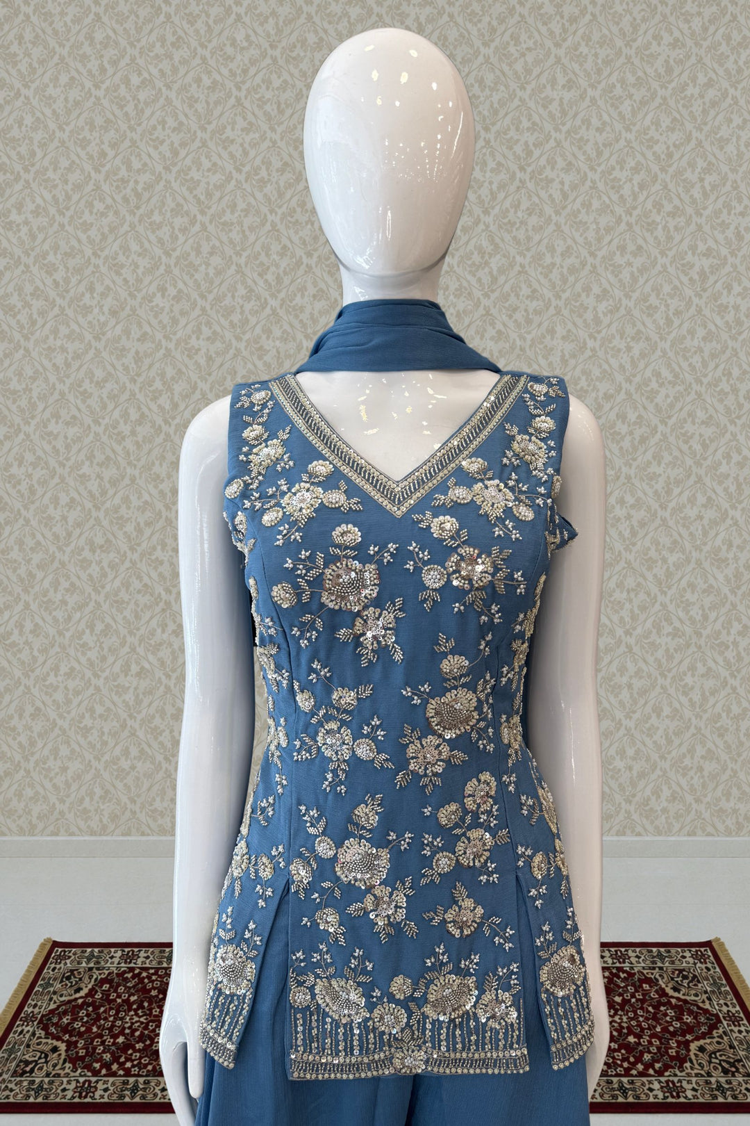 Sea Blue Beads, Zari and Sequins work Palazzo Salwar Suit