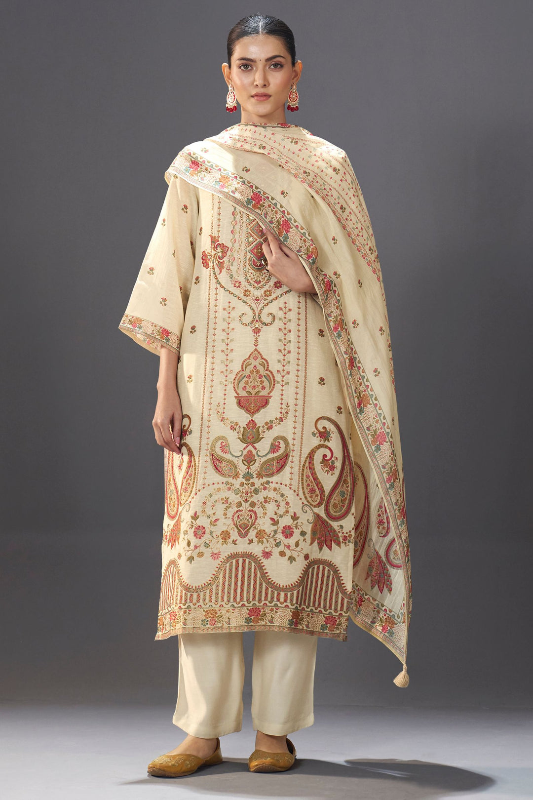 Beige Beads and Multicolor Banaras work Straight Cut Salwar Suit