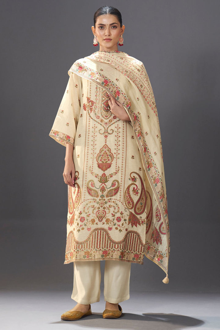 Beige Beads and Multicolor Banaras work Straight Cut Salwar Suit
