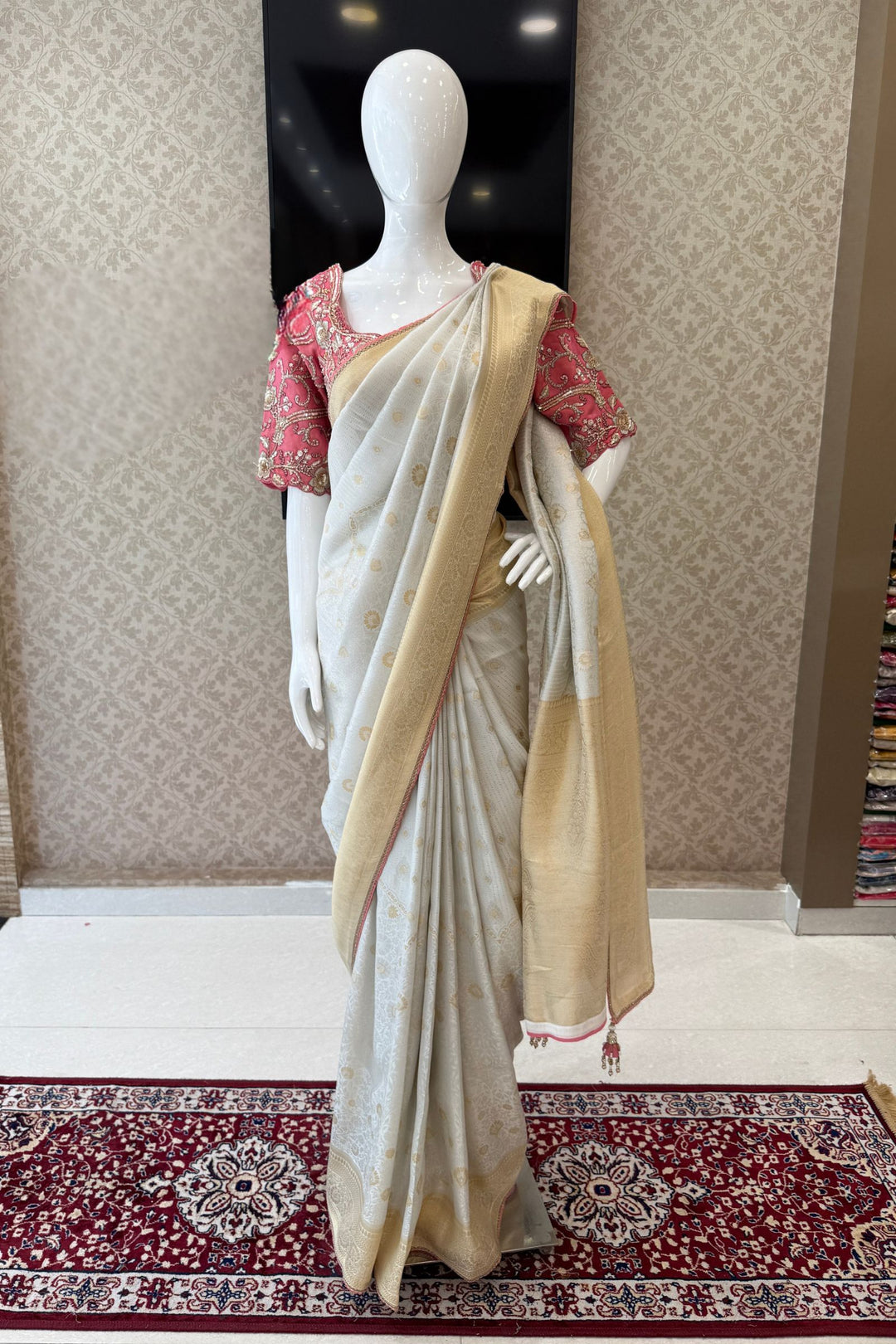 Silver Zari work Saree with Pearl, Zardozi, Beads and Sequins work Readymade Blouse