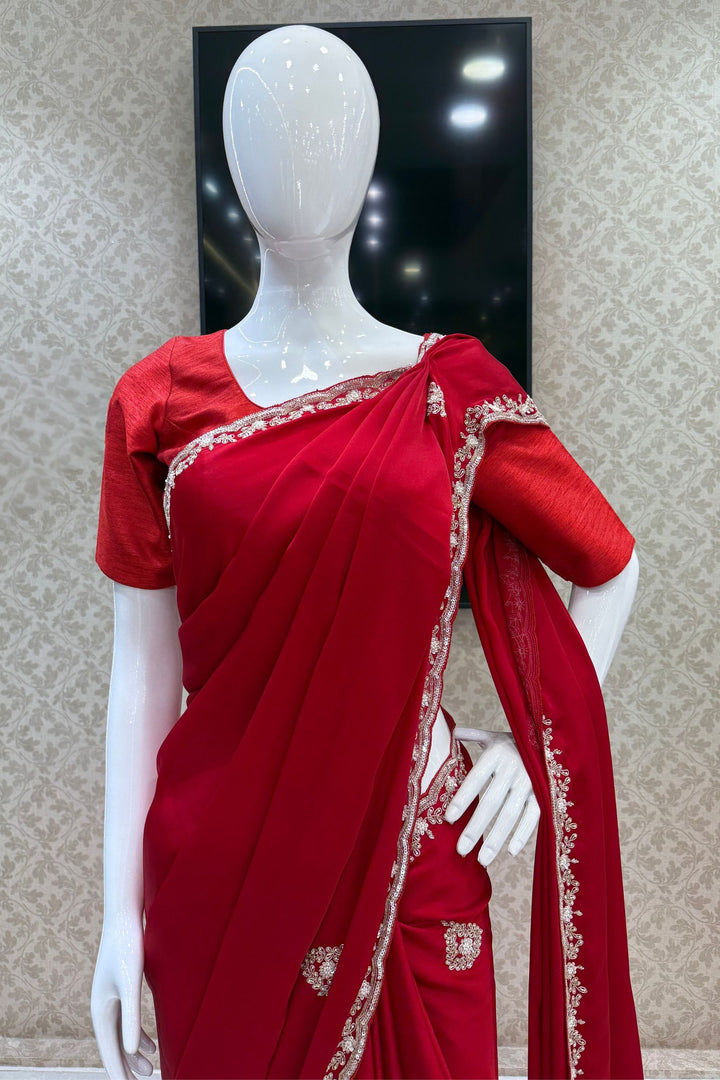Red Satin Saree Featuring Exquisite Bead, Zardozi and Sequins