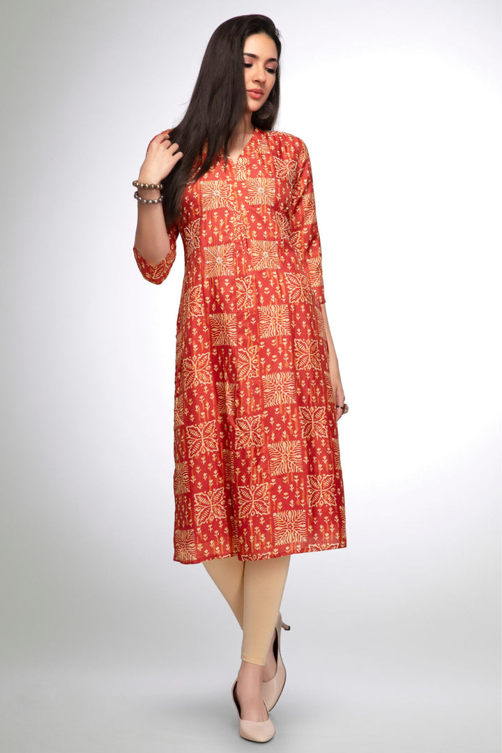 Rust Beads and Sequins work with Digital Print Calf Length Kurti