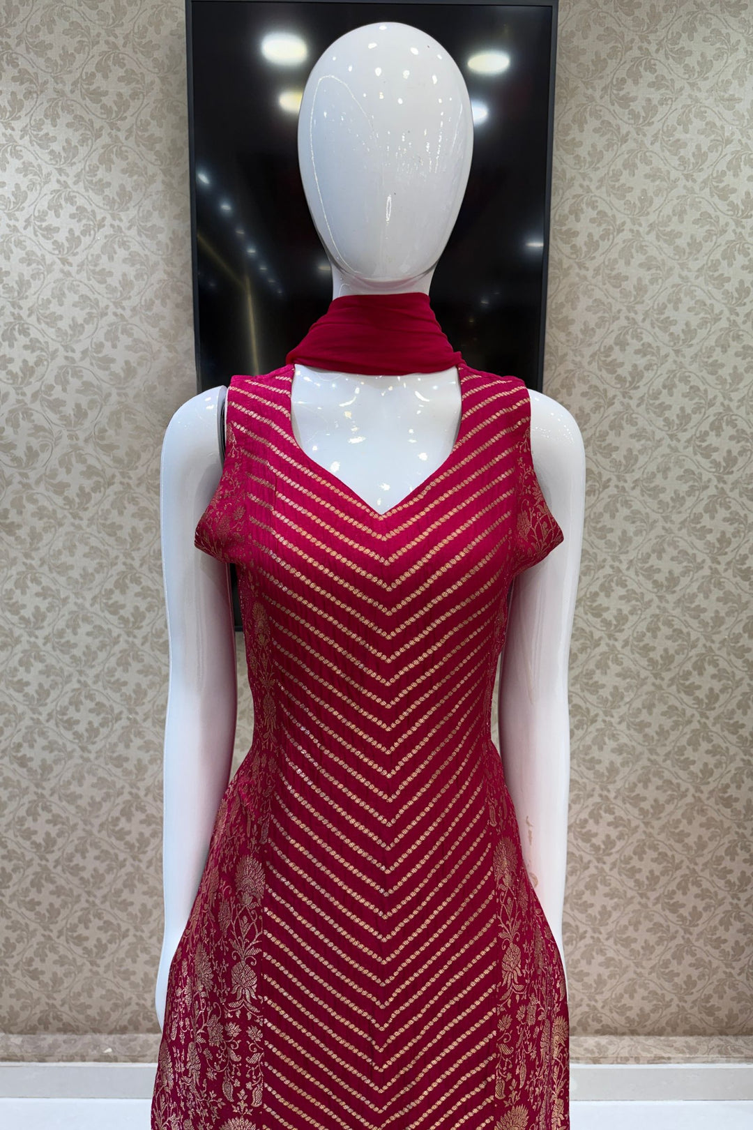 Rani Pink Banaras work Straight Cut Salwar Suit