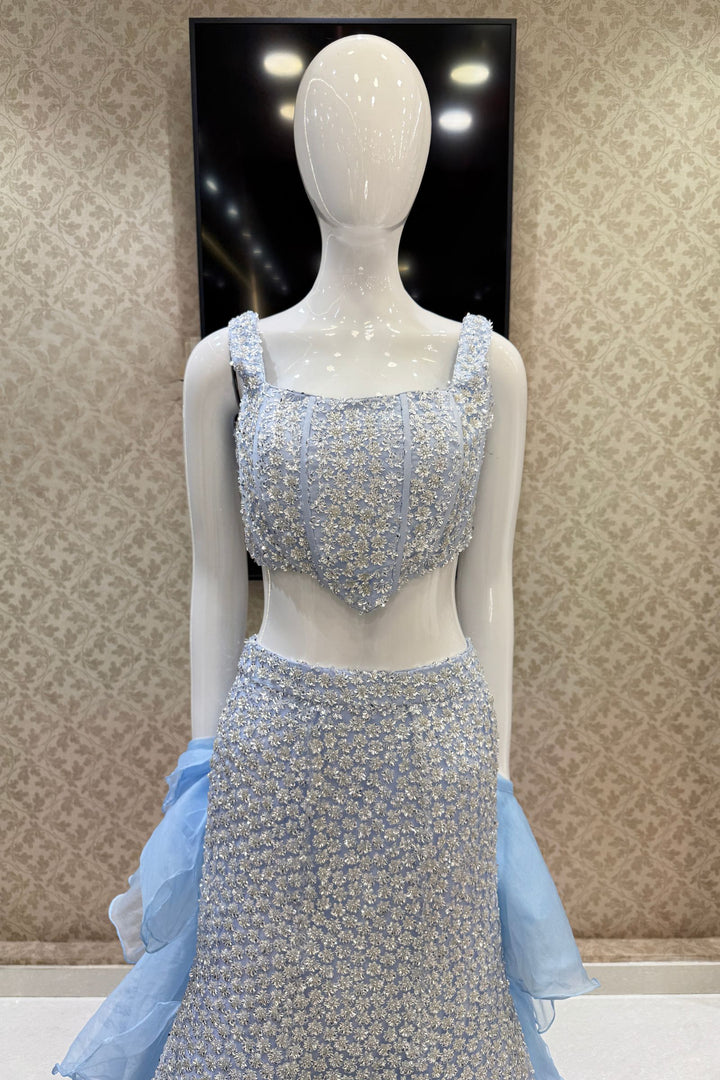 Ice Blue Sequins and Beads work Fishcut Lehenga Set