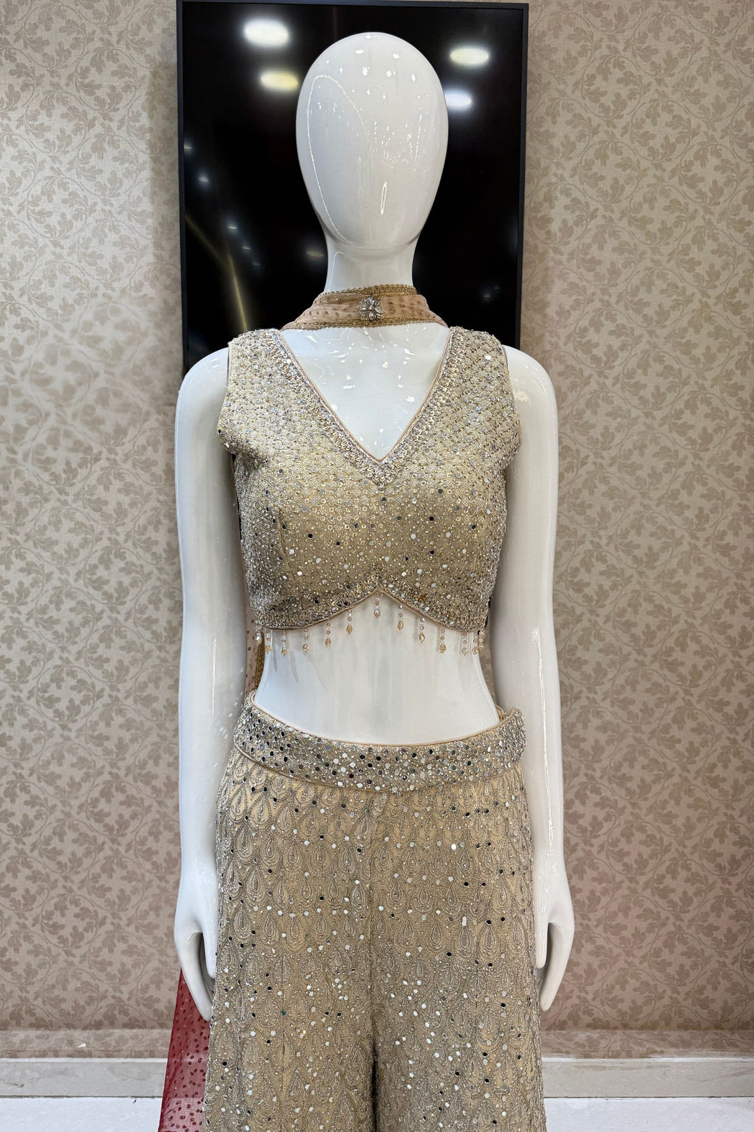 Beige with Maroon Sequins, Zardozi, Beads and Stone work Crop Top with Palazzo Pant