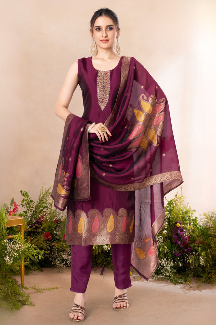 Wine Zardozi, Stone, Thread, Sequins and Banaras work Straight Cut Salwar Suit