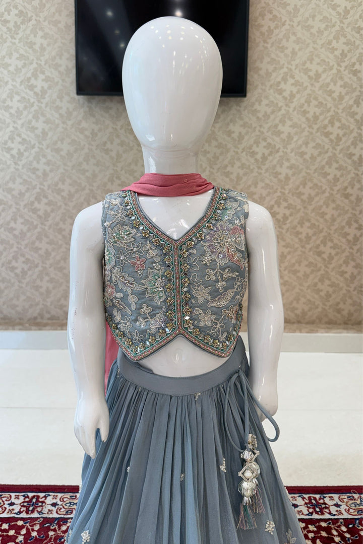 Sea Blue Thread, Beads, Stone and Mirror work Lehenga Choli for Girls