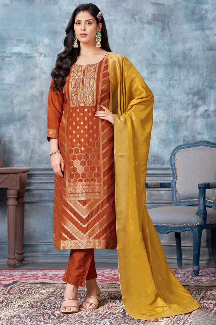 Orange Banaras, Zardozi, Beads, Sequins and Thread work Straight Cut Salwar Suit