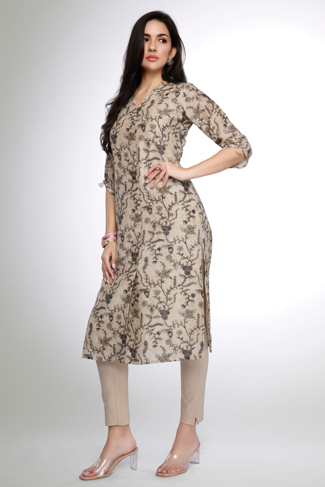 Beige Stone work with Digital Print Calf Length Kurti