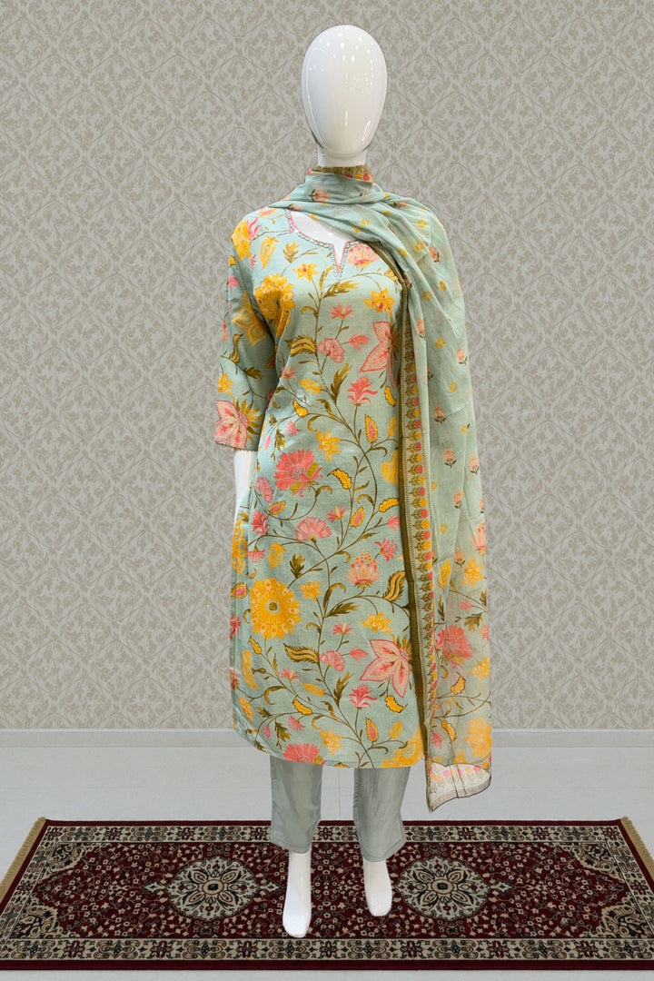 Pista Green Beads, Zari, Sequins and Mirror work with Floral Print Straight Cut Salwar Suit