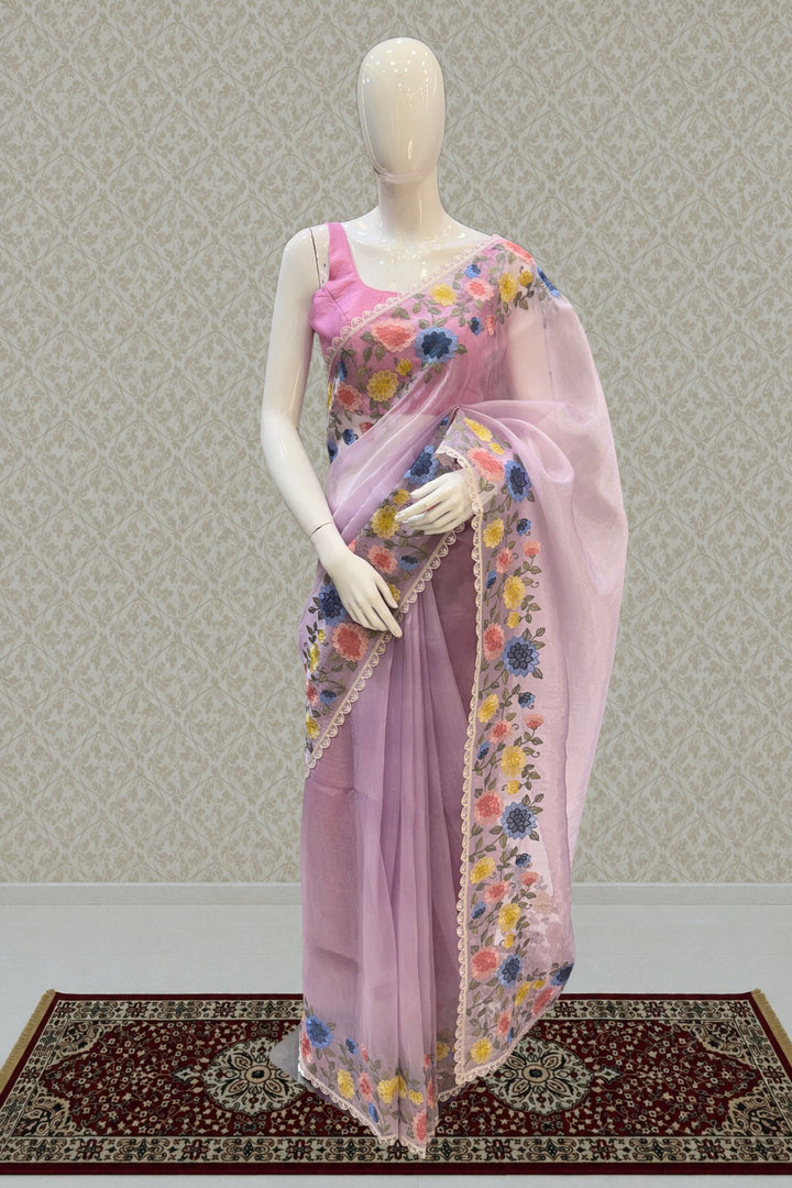 Lilac Multicolor Embroidery work Saree