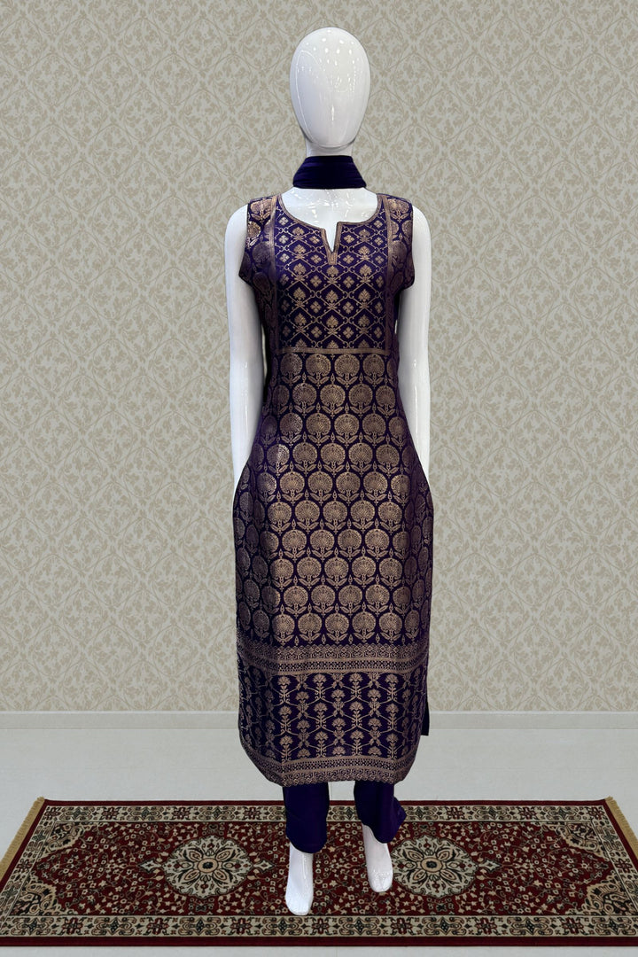 Purple Banaras work Straight Cut Salwar Suit