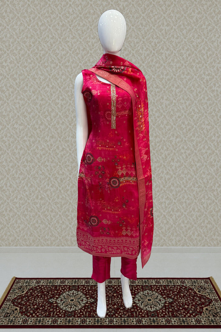 Rani Pink Beads, Mirror, Zardozi, Pearl and Stone work with Digital Print Straight Cut Salwar Suit