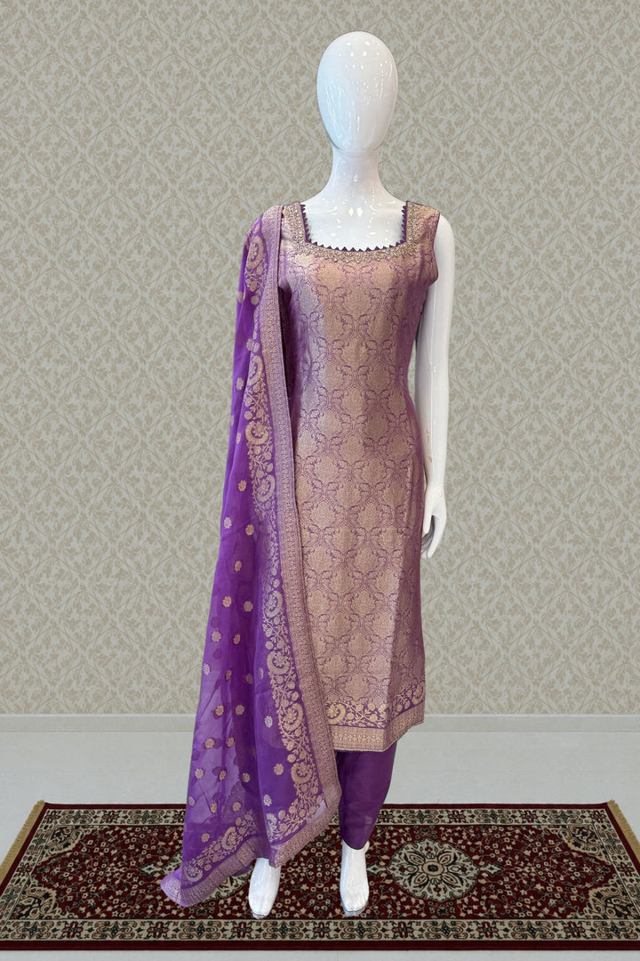 Lavender Beads, Mirror, Stone, Banaras and Brocade work Straight Cut Salwar Suit