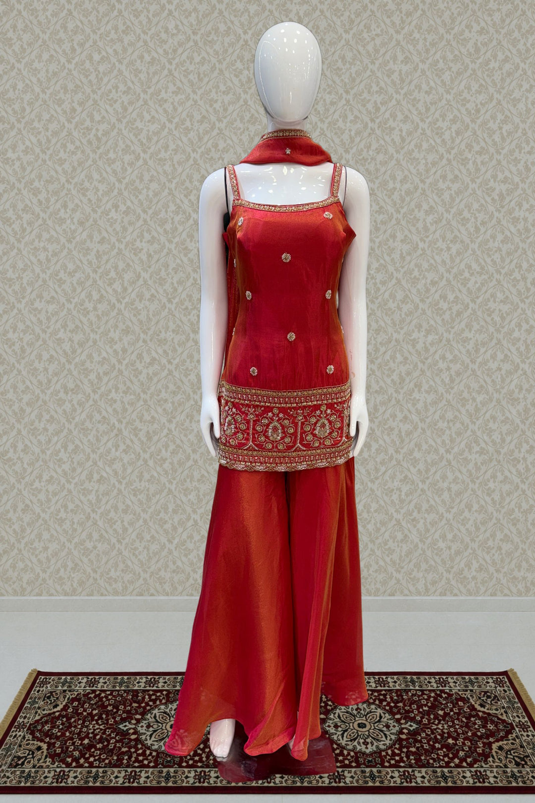Tomato Red Beads, Sequins and Zari work Palazzo Salwar Suit