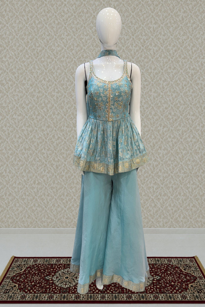Sky Blue Banaras, Stone, Sequins, Beads and Zardozi work Peplum Top with Palazzo Suit Set
