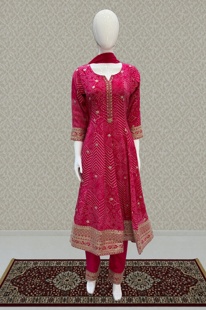 Rani Pink Zardozi, Stone, Sequins and Zari work with Bandini Print Anarkali Style Salwar