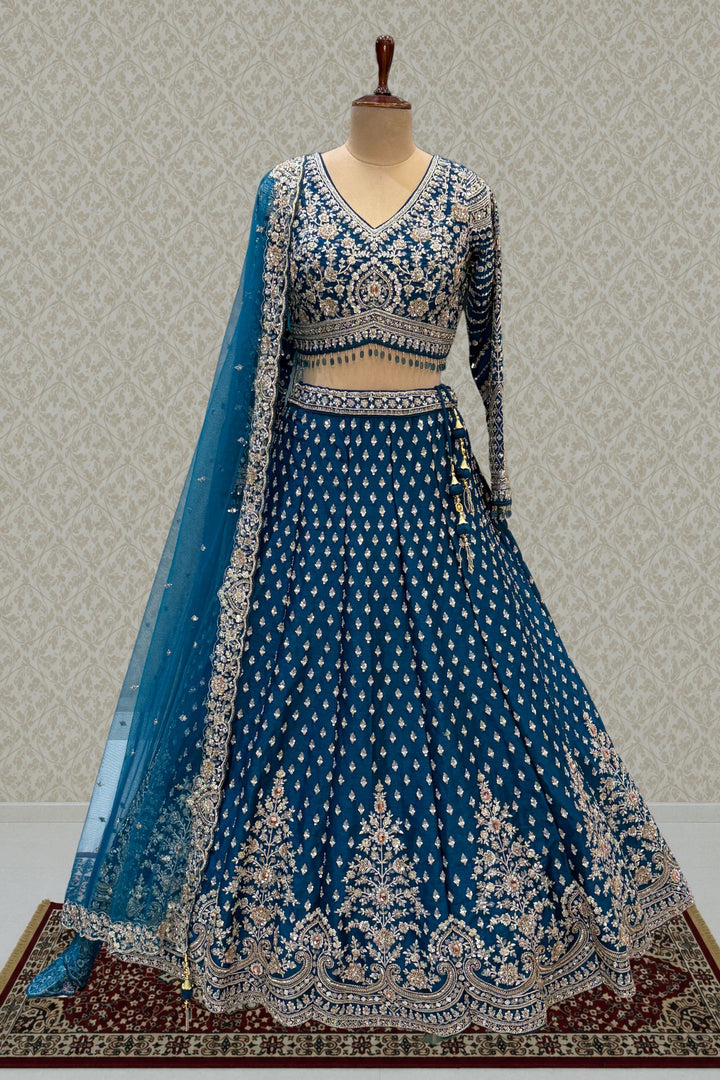 Designer Wedding Lehenga in Peacock Blue with Beads, Zari and Sequins Work