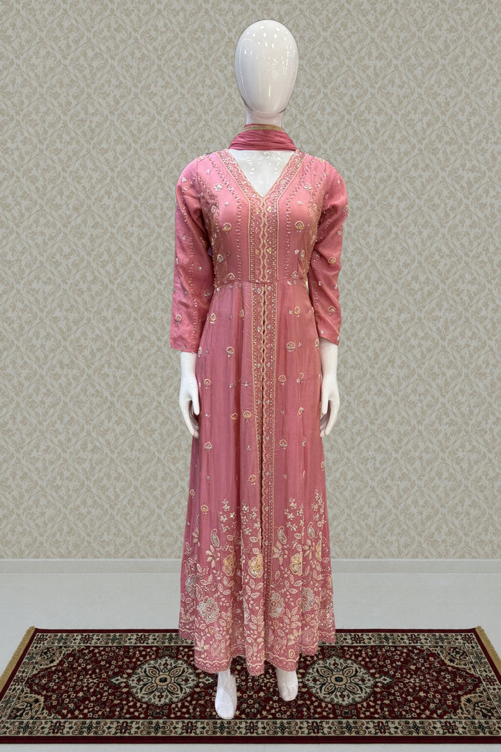 Rose Pink Beads, Sequins and Thread work Long Top with Straight Pant