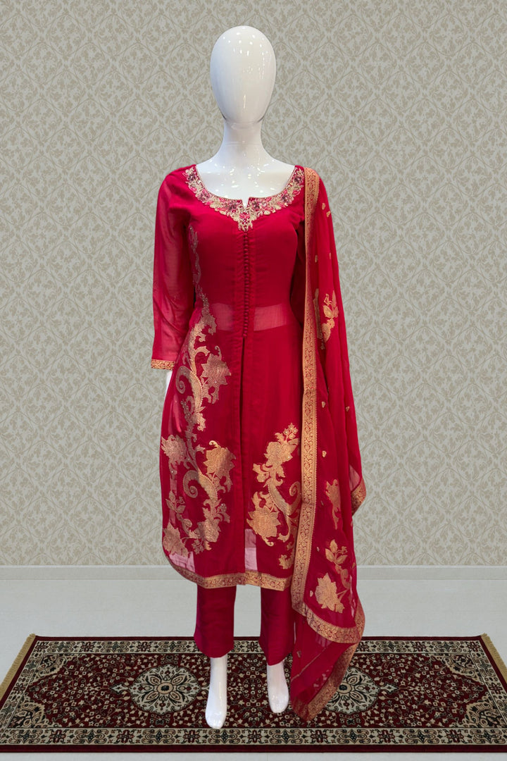Rani Pink Banaras, Stone, Zardozi, SEquins, Beads and Zari work Straight Cut Salwar Suit