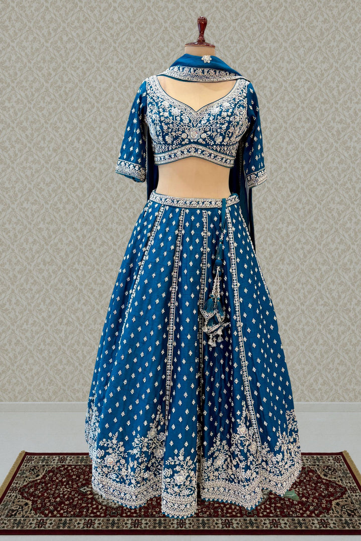 Teal Blue Beads, Sequins and Zari work Crop Top Lehenga