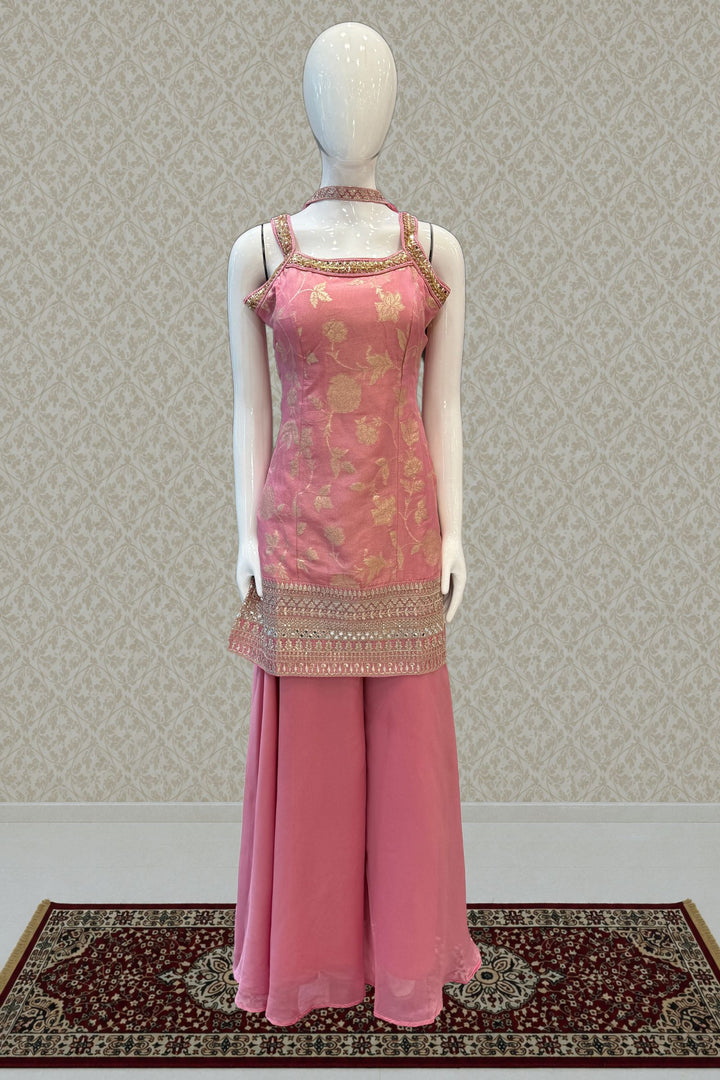 Light Pink Banaras Zari, Mirror, Zardozi, Sequins, Stone and Beads work Palazzo Salwar Suit