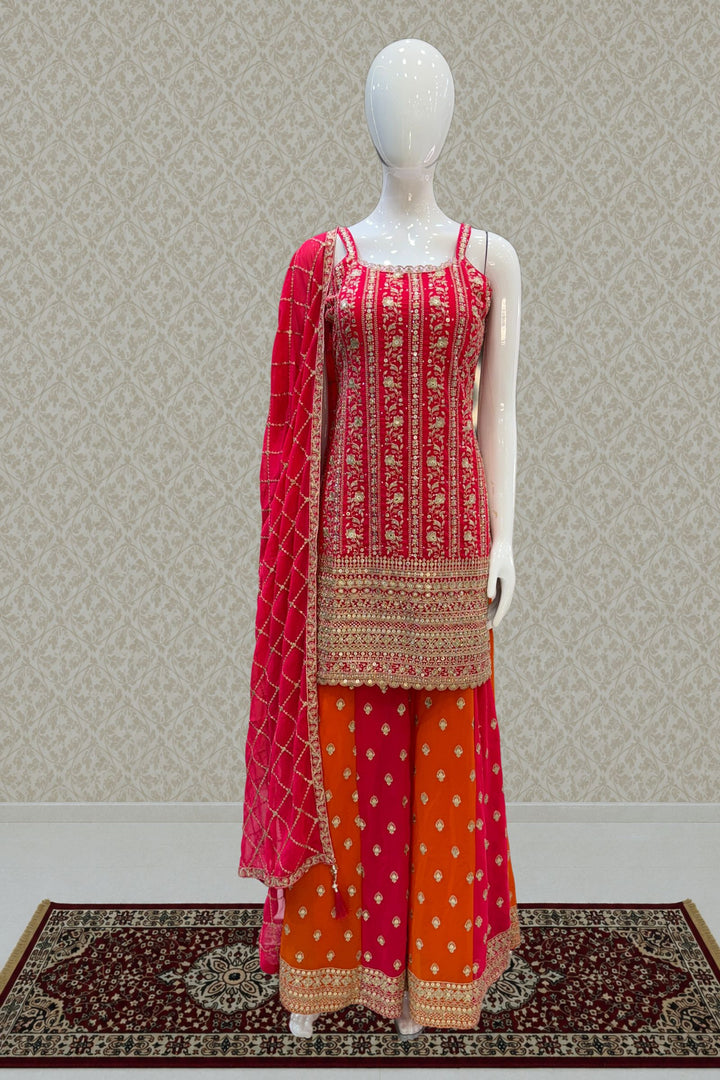 Tomato Red with Orange Sequins, Stone and Zari work Palazzo Salwar Suit