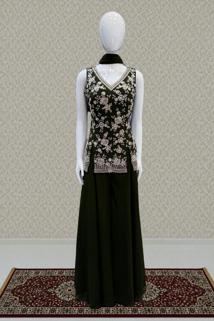 Bottle Green Beads, Zari and Sequins work Palazzo Salwar Suit