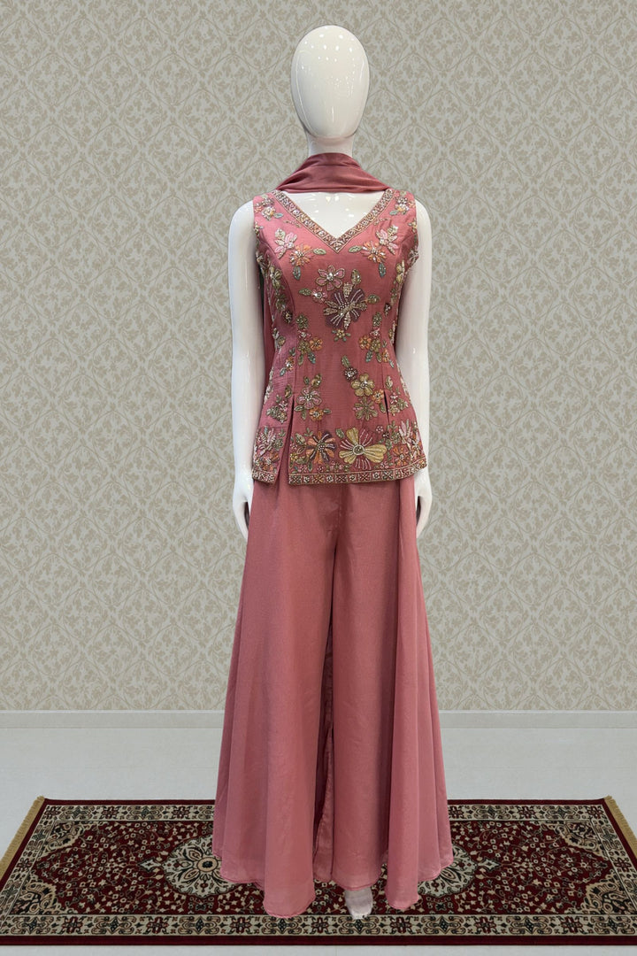 Onion Pink Palazzo Set Featuring All-Over Multicolor Embroidery, Beads, Sequins and Zari