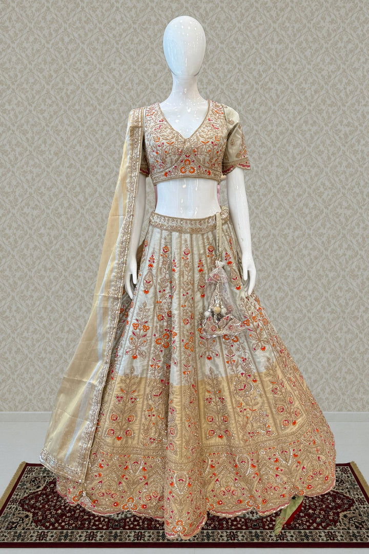 Light Grey Zari, Beads, Sequins and Multicolor Embroidery work Crop Top Designer Bridal Lehenga