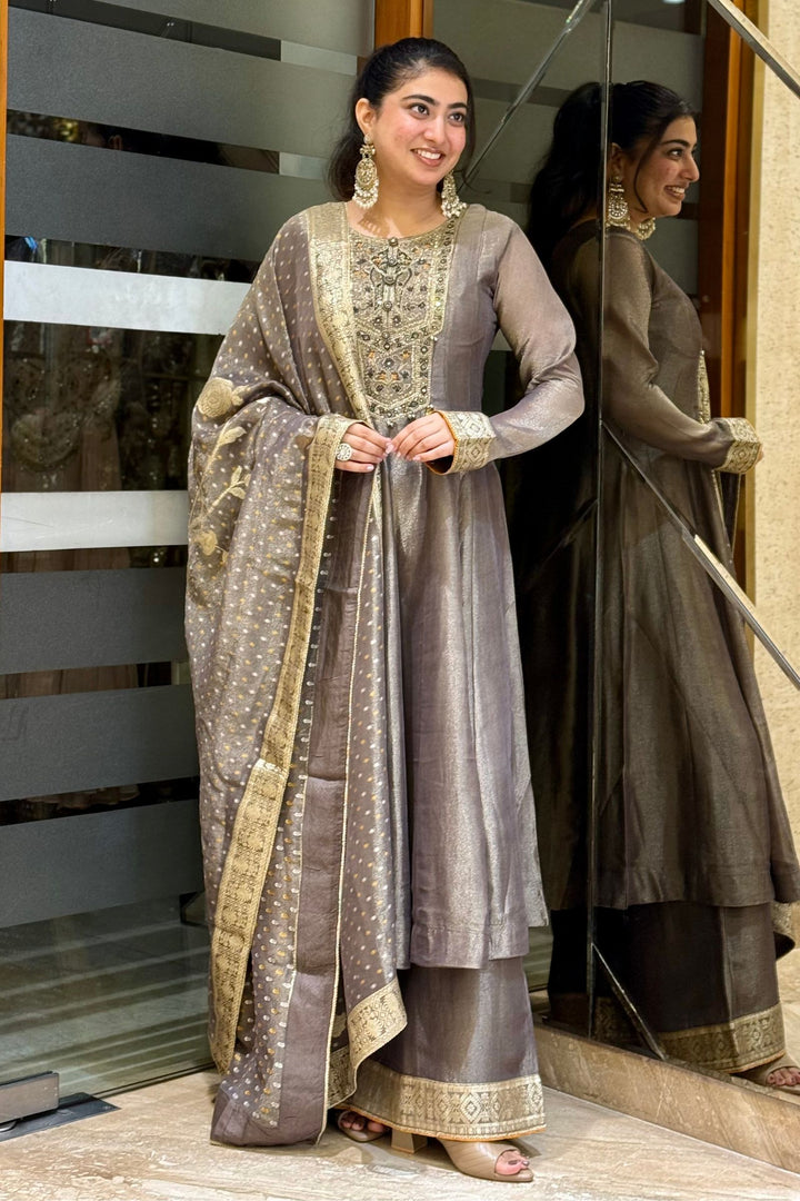 Grey Beads, Mirror, Sequins and Zari work Anarkali Style Salwar with Palazzo Pant Set