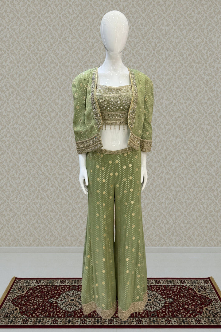 Pista Green Stone, Zari and Sequins work Crop Top with Overcoat Styled Palazzo Suit Set