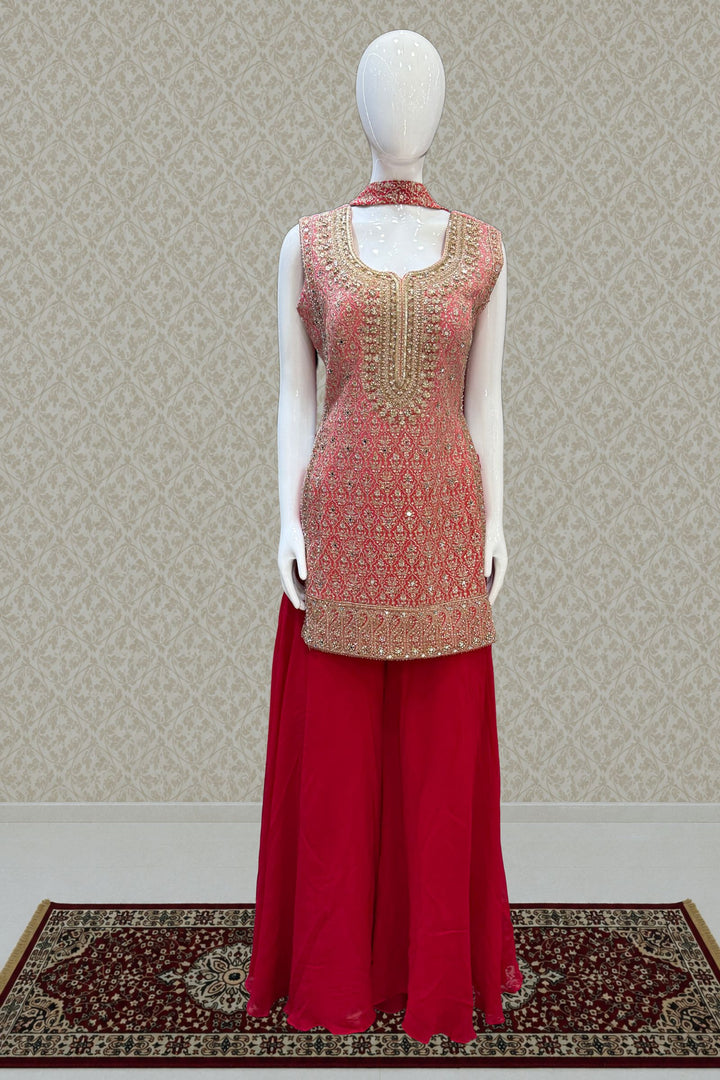 Peach with Pink Mirror, Zari, Sequins and Beads work Palazzo Salwar Suit