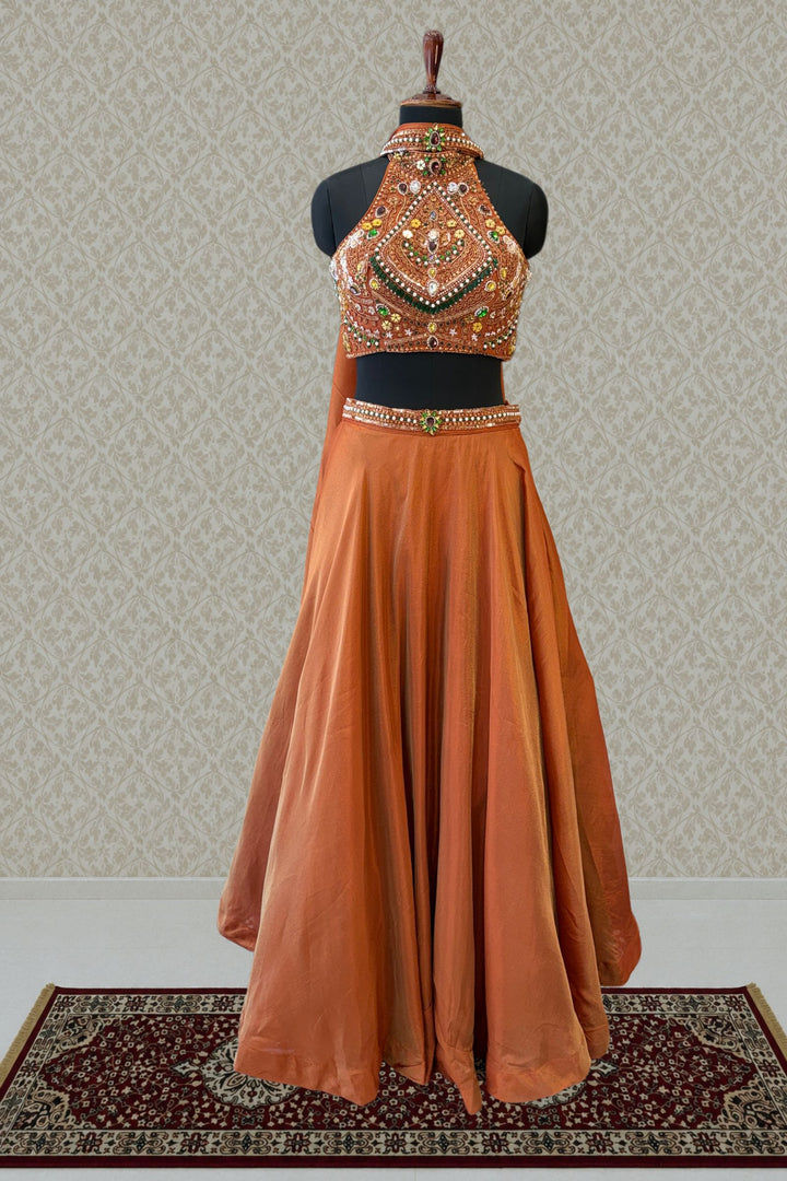 Rust Beads, Zardozi, Stone, Sequins and Pearl work with Halter Neck Crop Top Lehenga