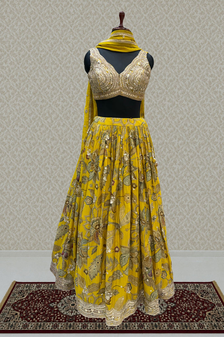 Olive Green Sequins, Stone, Beads, Zari and Zardozi work with Digital Print Crop Top Lehenga