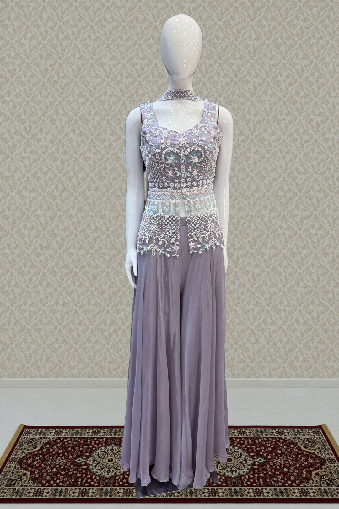 Lilac Beads and Sequins work Palazzo Suit Set