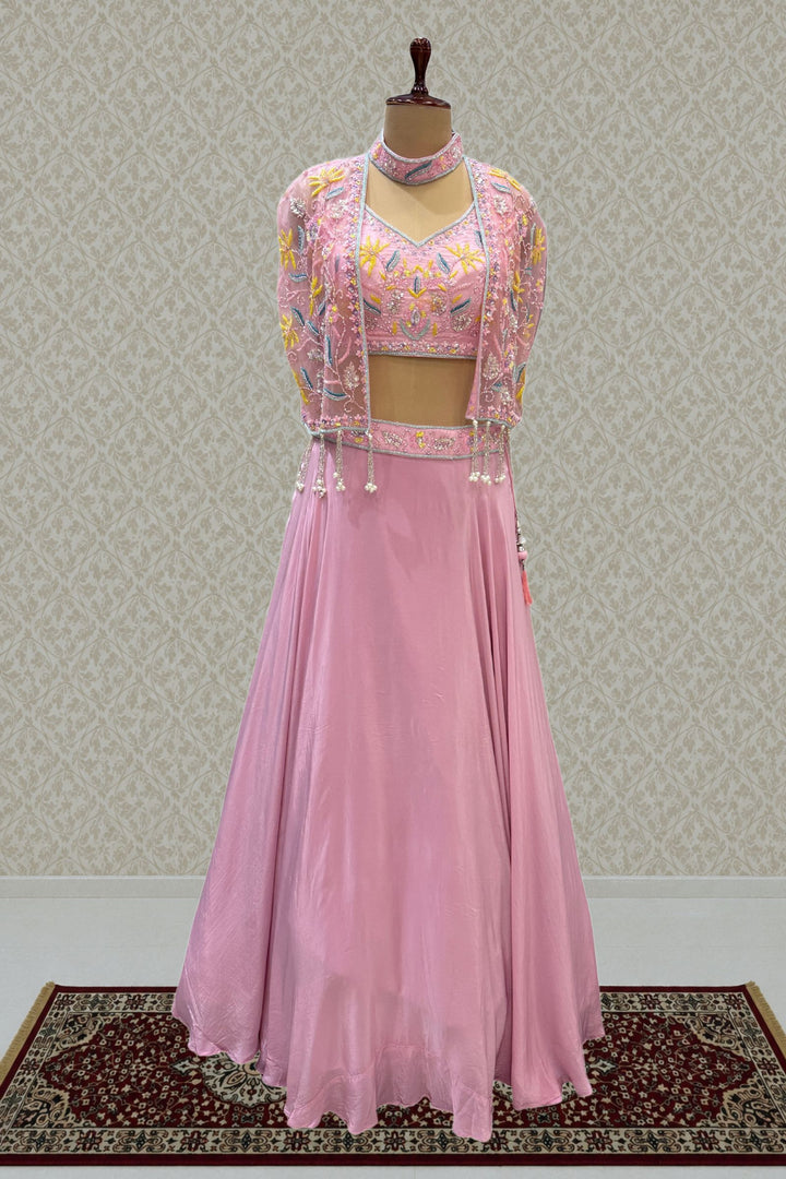 Light Pink Beads, Sequins and Stone work with Poncho Crop Top Lehenga