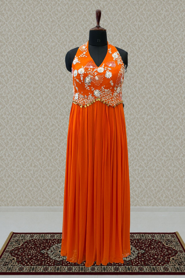 Orange Beads and Zari work Halter Neck Floor Length Anarkali Suit