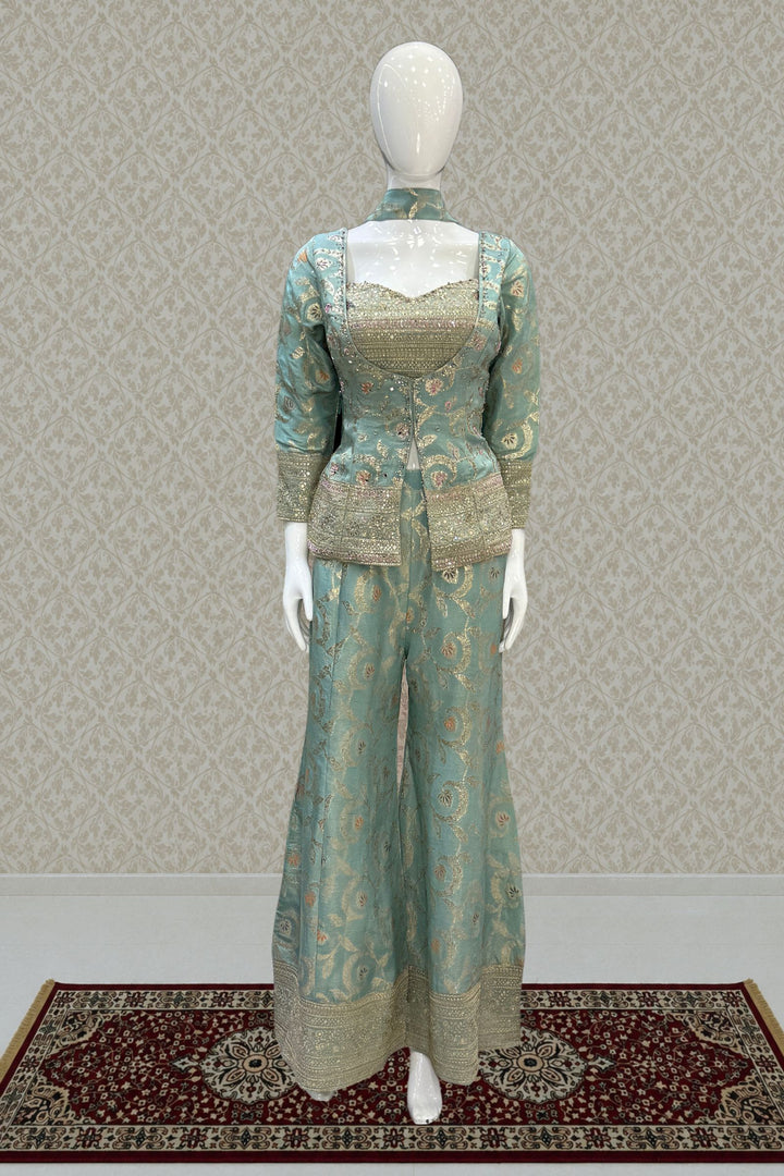 Sea Green Palazzo Set with Beads, Sequins and Zari work with Choker Dupatta
