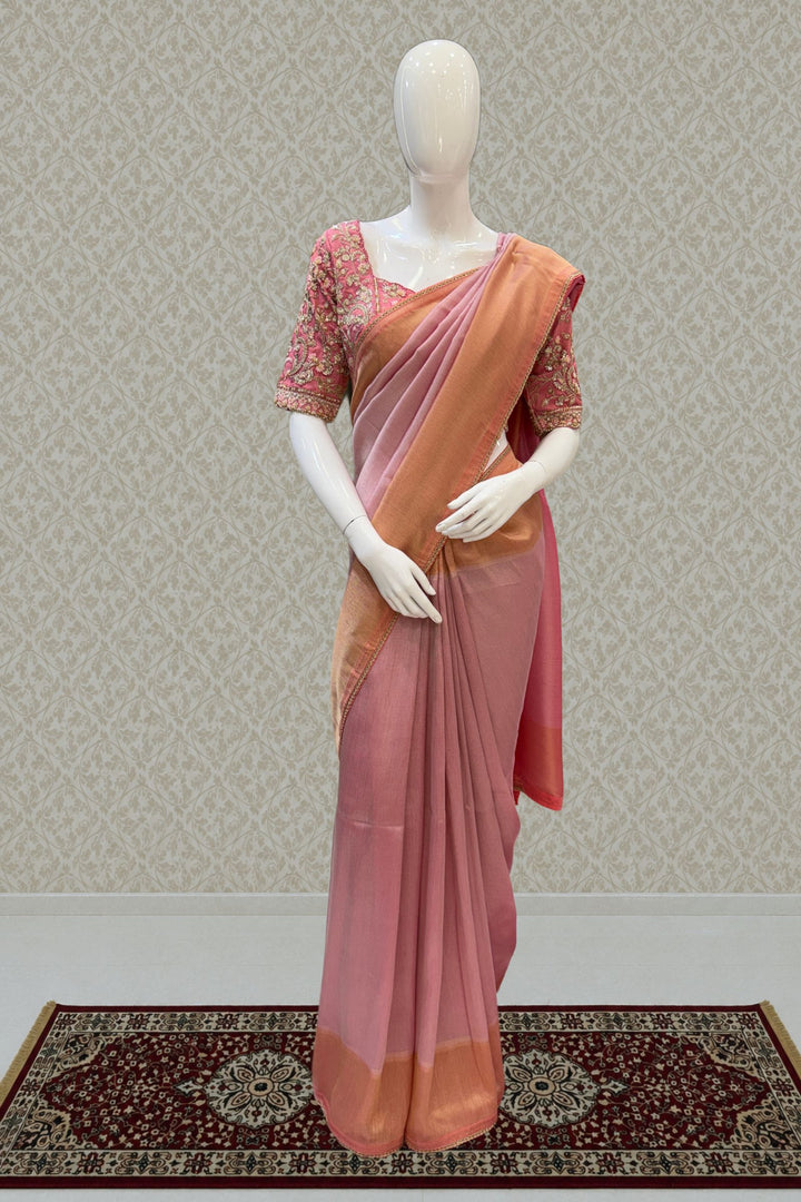 Baby Pink Saree with Beads, Sequins, Zardozi and Zari work Readymade Blouse
