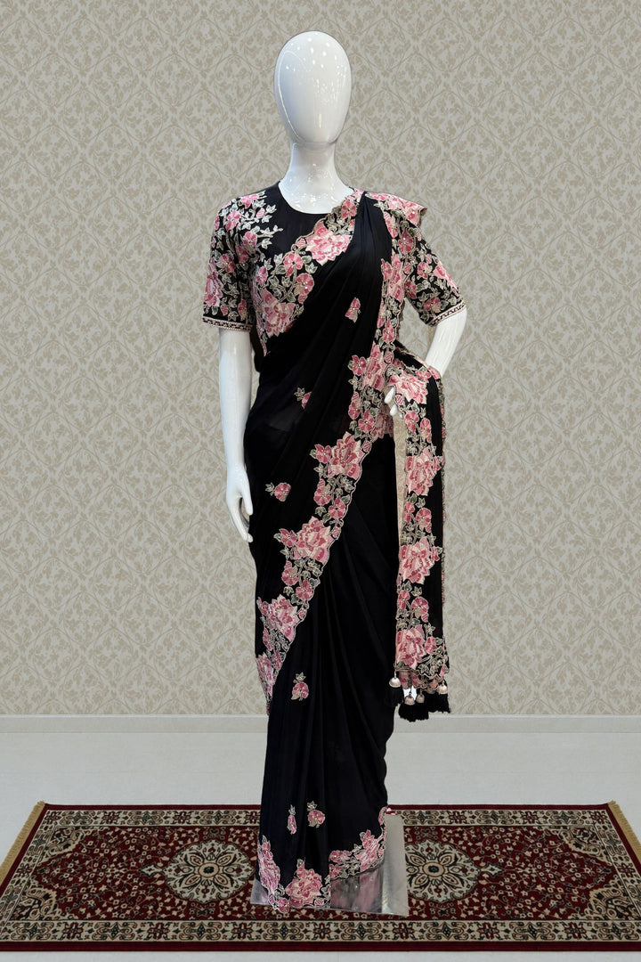 Black Embroidery, Sequins, Pearl and Zari work Saree
