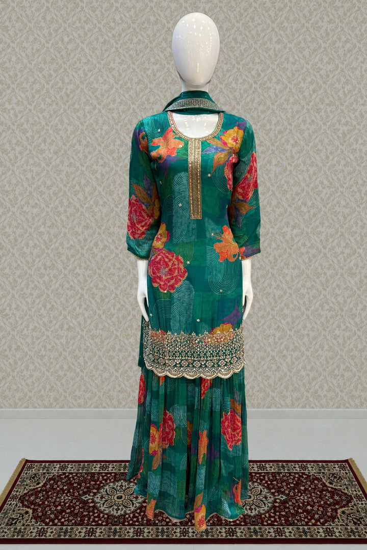 Rama Green Sequins, Beads and Zari work with Floral Print Palazzo Salwar Suit