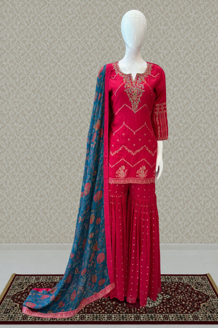 Red Beads, Sequins, zardozi, Stone, Mirror and Banaras work Sharara Salwar Suit
