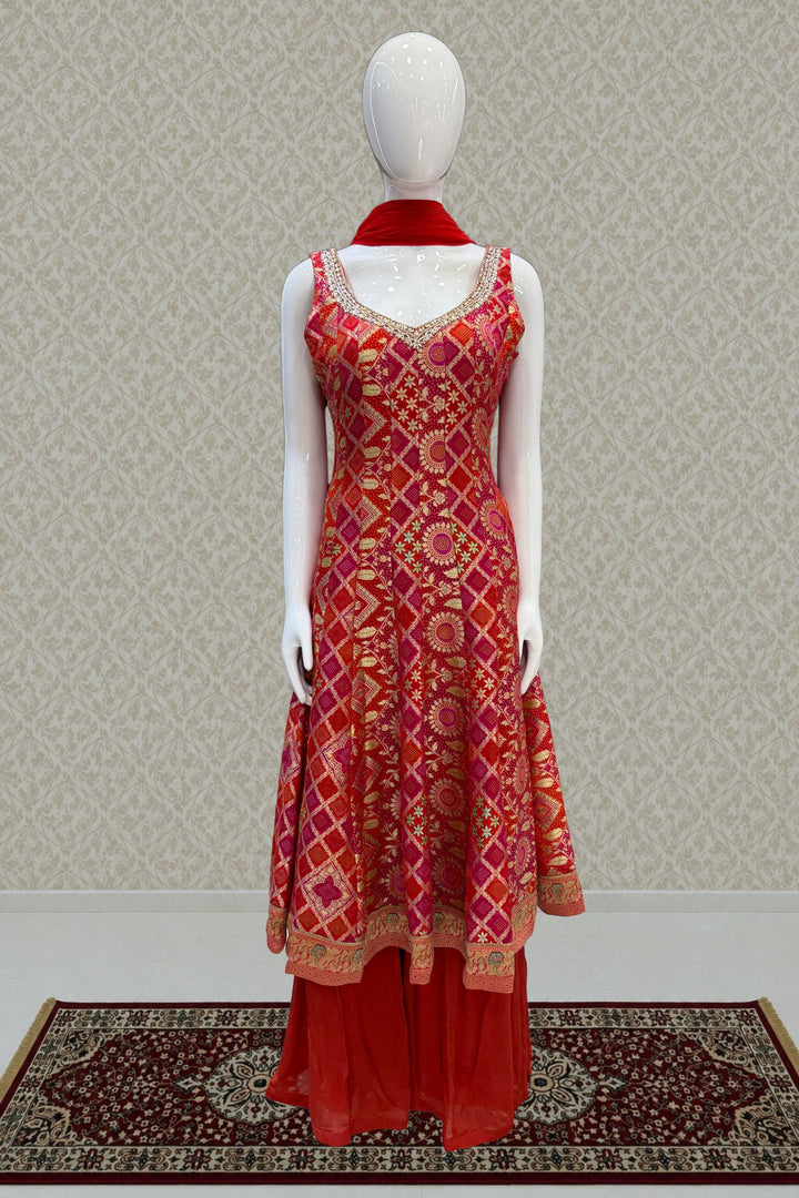 Orange with Rani Pink Banaras work with Bandini Print Anarkali Style Salwar Suit with Palazzo Pant