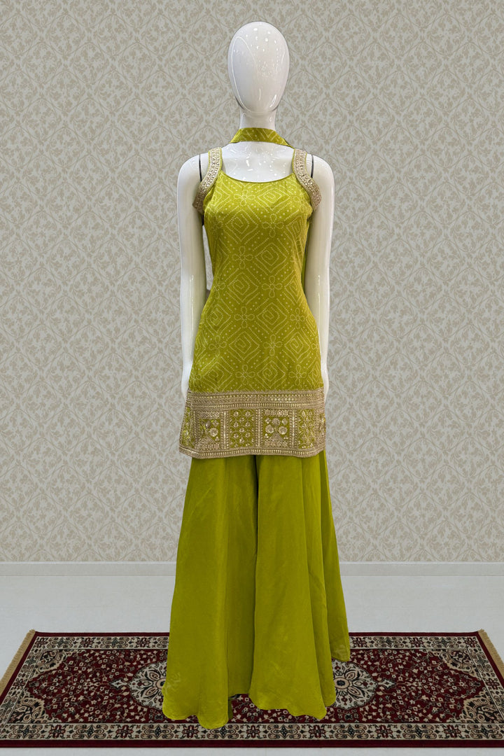 Parrot Green Sequins and Zari work with Bandini Print Palazzo Salwar Suit