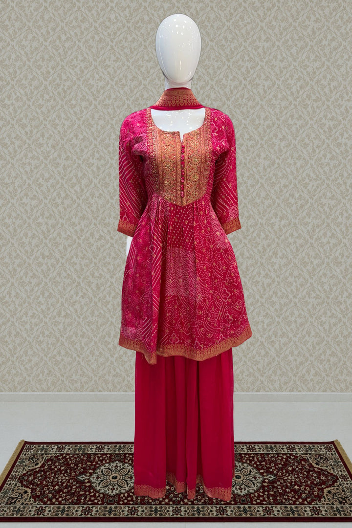 Rani Pink Banaras, Zardozi, Beads and Sequins work with Bandini Print Palazzo Salwar Suit