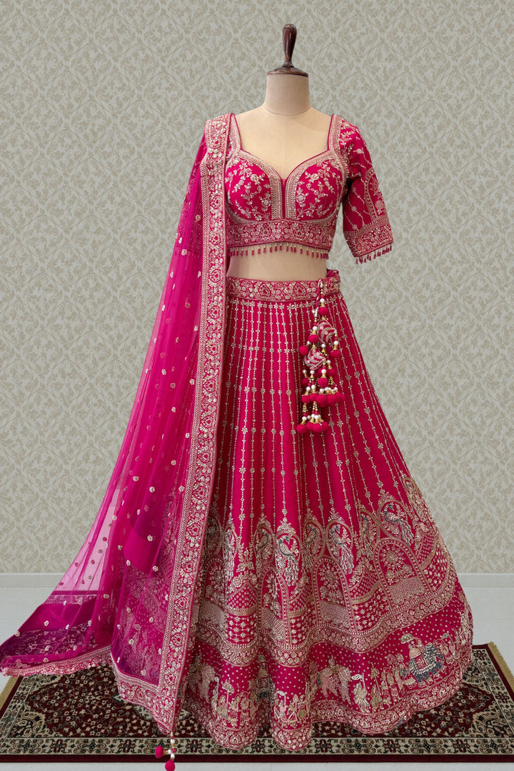 Rani Pink Beads, Zari, Sequins and Embroidery work Crop Top Designer Bridal Lehenga
